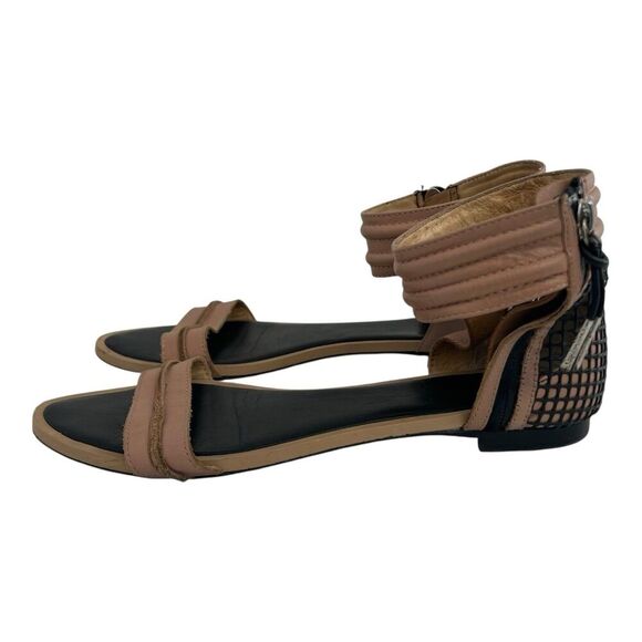 L.A.M.B. Women's Size 10 Leather Ankle Strap Sandals Nude Black Zip Back - Picture 4 of 8